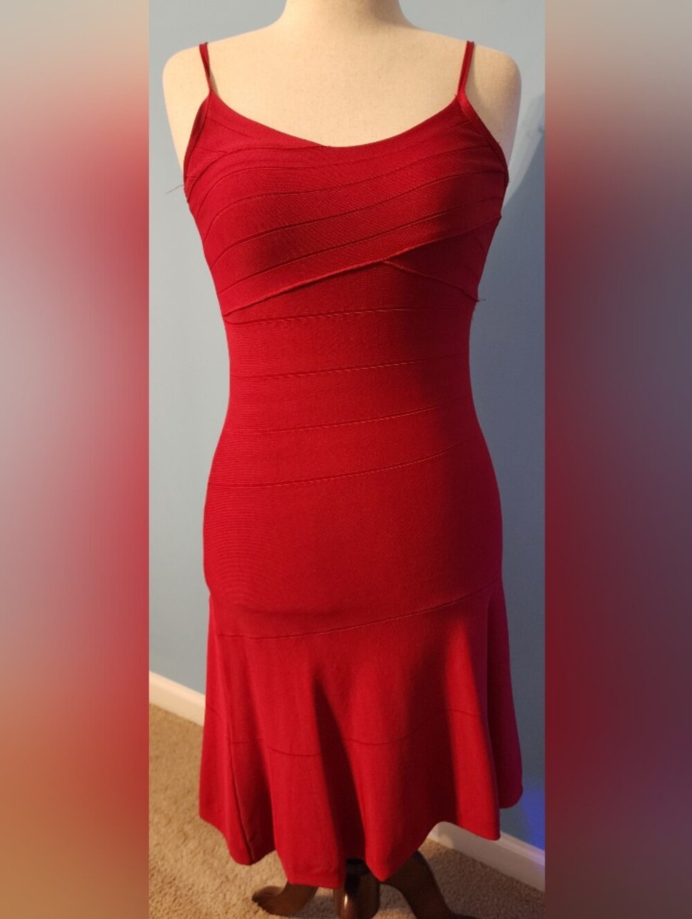 VENUS Crimson Red Spaghetti-Strap Midi Dress